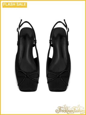Satin Square Toe Slingback Ballet Flats Low Block Heel